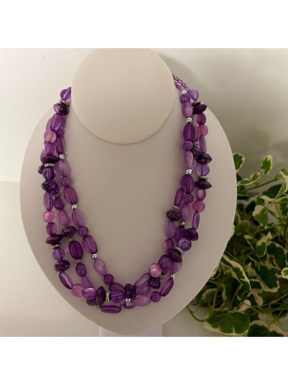 Purple Multi-Strand Necklace Silver Accents Acrylic Plastic Beads Lightweight